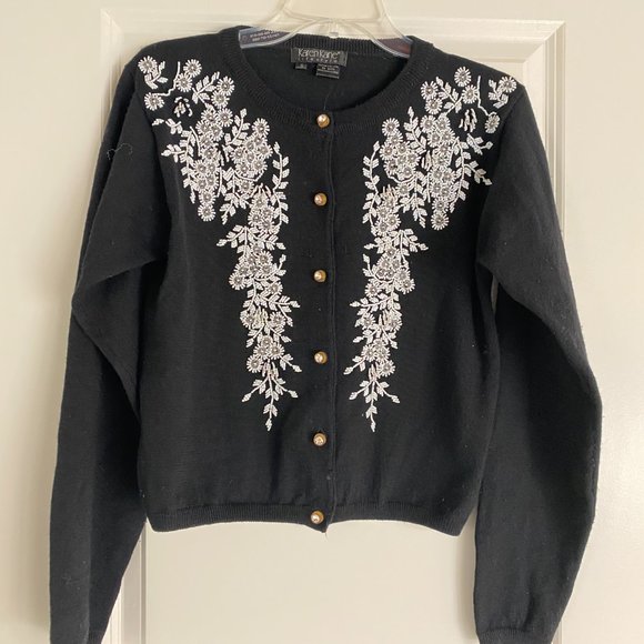 Karen Kane Lifestyle Black Wool Beaded Cardigan Sweater Vintage Style, Size S - Picture 2 of 6